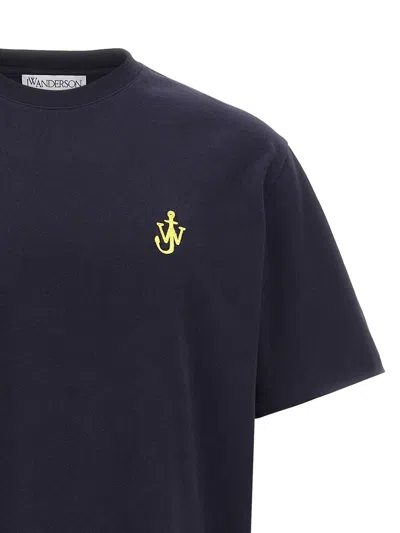 Jw Anderson Blue Crewneck T-shirt With Logo Embroidery On The Front In Black