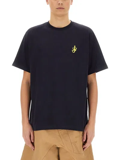 Jw Anderson Blue Crewneck T-shirt With Logo Embroidery On The Front In Black