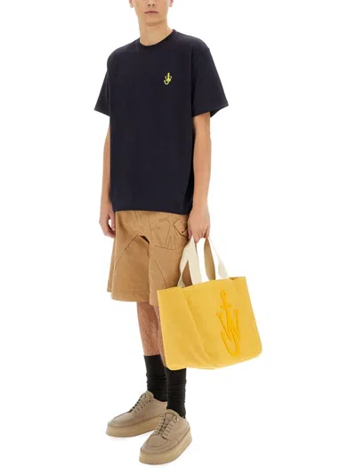 Jw Anderson Blue Crewneck T-shirt With Logo Embroidery On The Front In Black