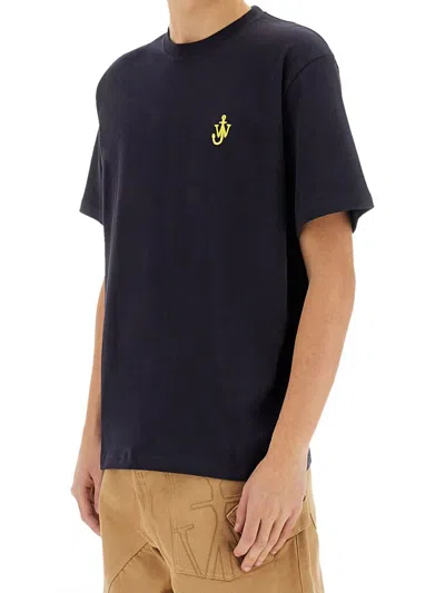 Jw Anderson Blue Crewneck T-shirt With Logo Embroidery On The Front In Black