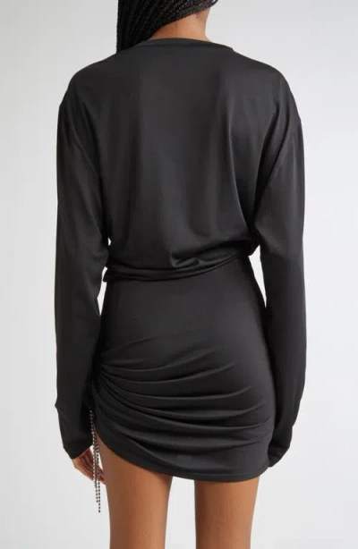 Area Crystal Flower Draped Long Sleeve Crop Top In Black