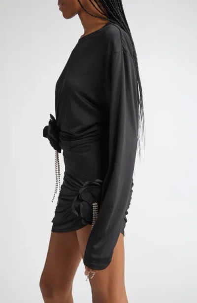 Area Crystal Flower Draped Long Sleeve Crop Top In Black