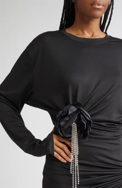 Area Crystal Flower Draped Long Sleeve Crop Top In Black