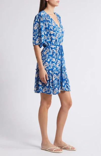 Faherty Orinda Tie Waist Button-up Crepe Minidress In Blue