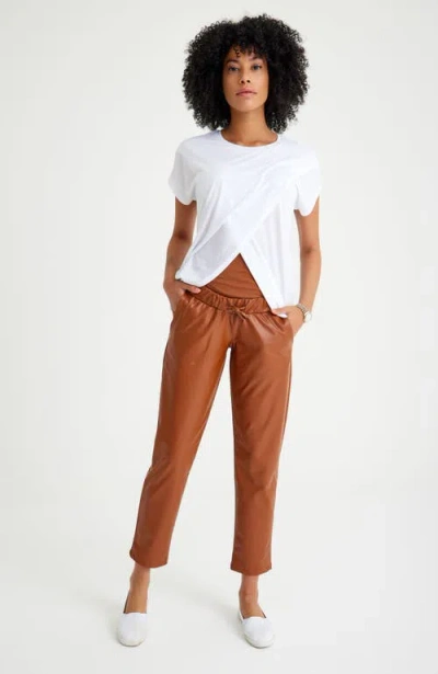 Accouchée Comfy Cool Foldover Waistband Faux Leather Jogger Pants In Brown
