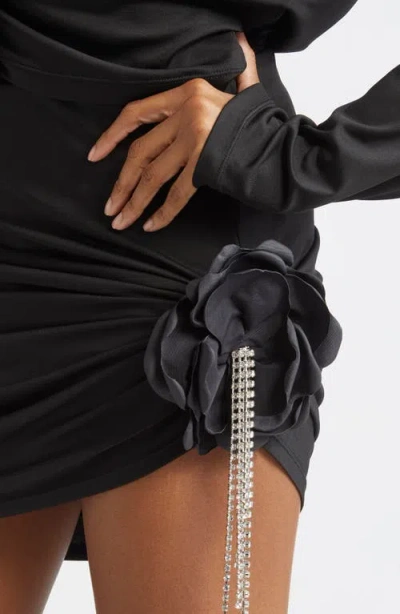 Area Crystal Flower Draped Mini Skirt In Black