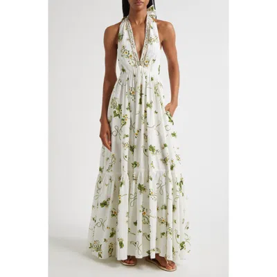 Camilla Botanical Utopia Tiered Organic Cotton Halter Maxi Dress In Multi