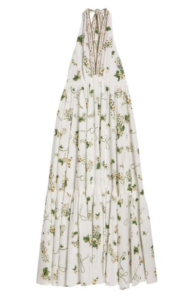 Camilla Botanical Utopia Tiered Organic Cotton Halter Maxi Dress In Multi