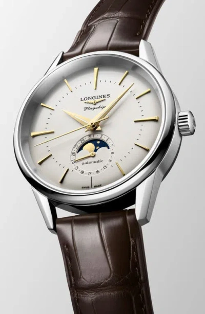 Longines Flagship Heritage Moonphase Automatic Alligator Embossed Leather Strap Watch, 38.5mm