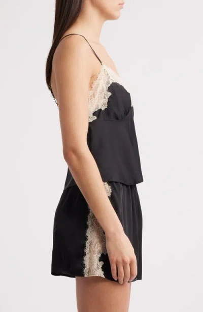 Open Edit Lace Trim Satin Short Pajamas In Black