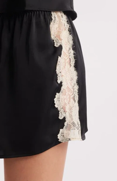 Open Edit Lace Trim Satin Short Pajamas In Black