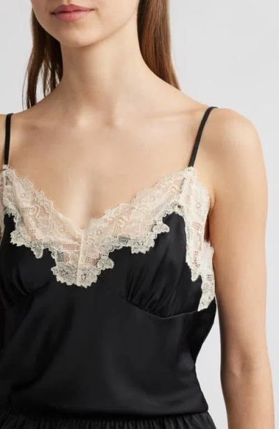 Open Edit Lace Trim Satin Short Pajamas In Black