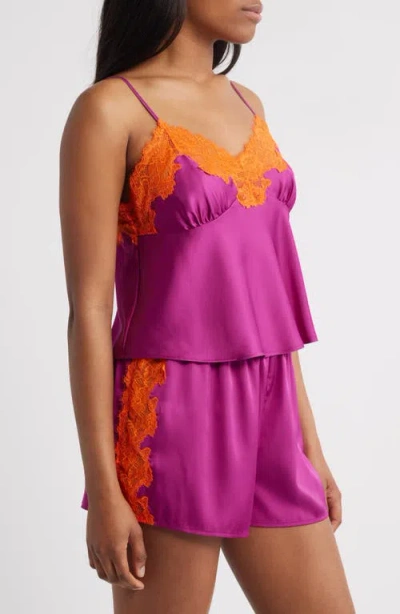 Open Edit Lace Trim Satin Short Pajamas In Purple