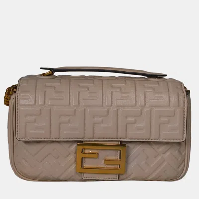 Pre-owned Fendi Baguette Ff Beige Nappa Embossed Midi Chain Bag In Sand