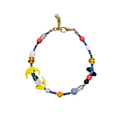 Desert Lobby Women's Blue / Yellow / Orange Celene – Gemstone Anklet With Dual Half Moon Charms