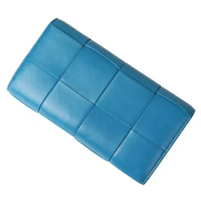 Pre-owned Bottega Veneta Intrecciato Blue Leather Long Wallet (bi-fold) ()