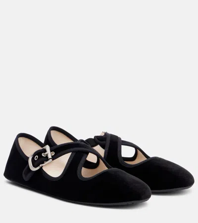 Alaïa Black Criss Cross Velvet Ballerina Flats