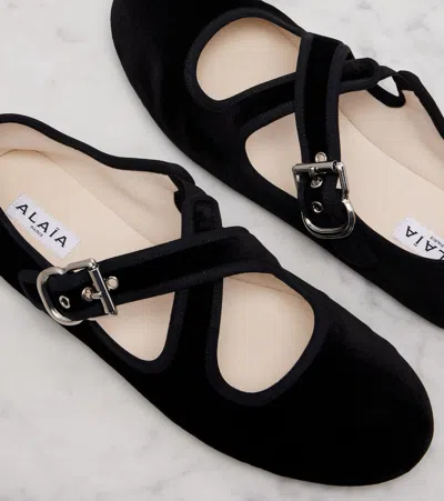 Alaïa Black Criss Cross Velvet Ballerina Flats