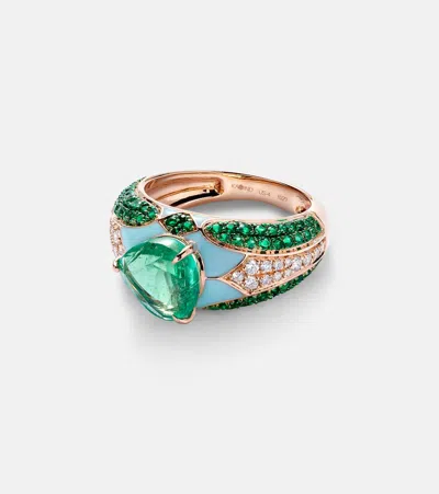 Kamyen Oasis 18kt Gold And Enamel Pinky Ring With Emeralds And Diamonds