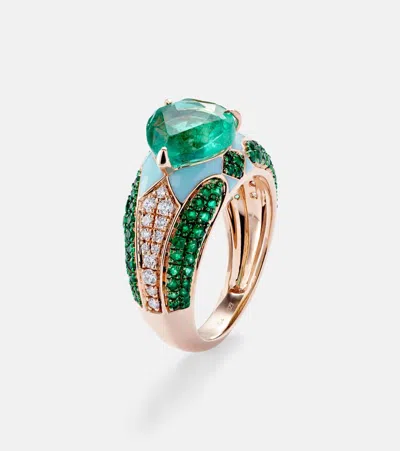 Kamyen Oasis 18kt Gold And Enamel Pinky Ring With Emeralds And Diamonds