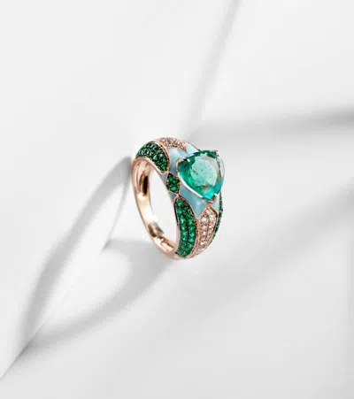 Kamyen Oasis 18kt Gold And Enamel Pinky Ring With Emeralds And Diamonds