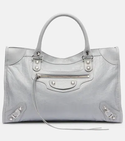 Balenciaga Structured Grey Leather Handbag With Dual Handles