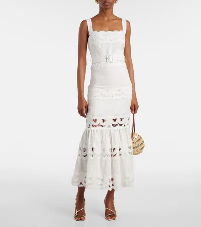 Self-portrait Lace-trimmed Linen And Cotton Midi Dress In White