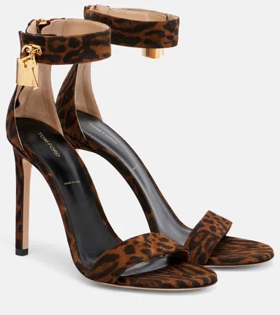 Tom Ford Brown Ocelot-print Suede Padlock Heeled Sandals