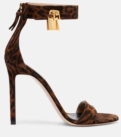 Tom Ford Brown Ocelot-print Suede Padlock Heeled Sandals