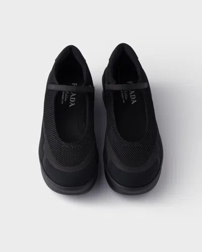 Prada Mesh Upper Round Toe Rubber Sole Ballerinas In Black