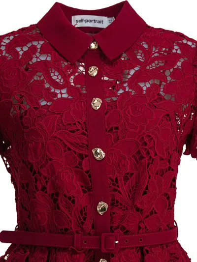 Self-portrait Womens Embroidered Collared Lace Mini Dress Burgundy In Red