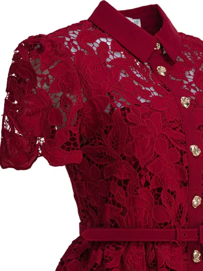 Self-portrait Womens Embroidered Collared Lace Mini Dress Burgundy In Red