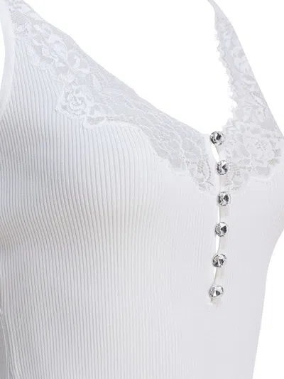 Self-portrait Lace-trimmed Ribbed Top In White