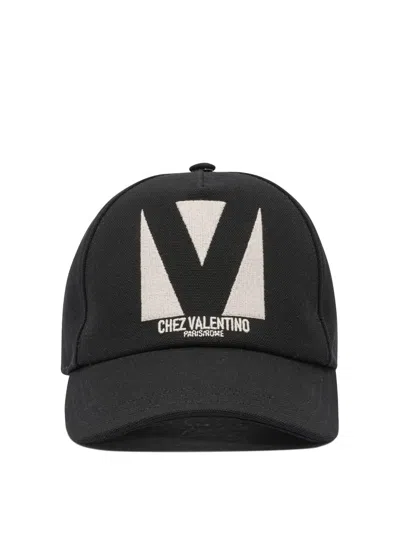 Valentino Garavani Black Hat With Logo On The Front In Cotton Man In Black