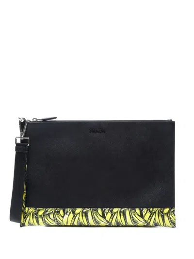 Pre-owned Prada 2020 Banana-print Clutch Bag In Black