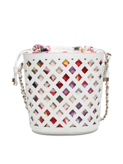 Pre-owned Chanel 2021 Cut-out Leather Bucket Bag In White
