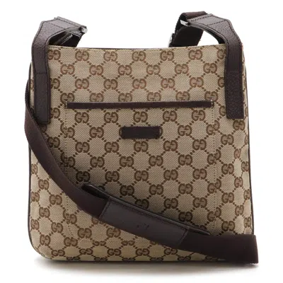 Pre-owned Gucci Beige Dark Brown Khaki Canvas Leather Shoulder Bag ()