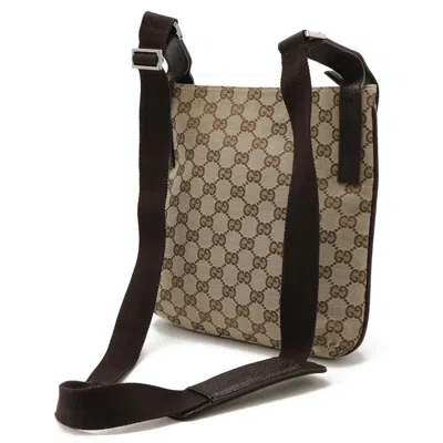 Pre-owned Gucci Beige Dark Brown Khaki Canvas Leather Shoulder Bag ()