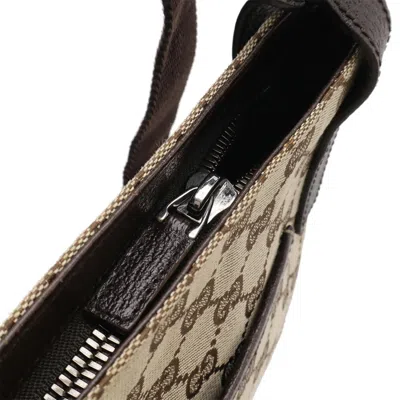 Pre-owned Gucci Beige Dark Brown Khaki Canvas Leather Shoulder Bag ()