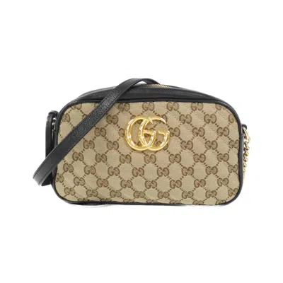 Pre-owned Gucci Gg Marmont Beige Black Gg Canvas Leather Shoulder Bag ()