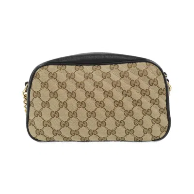 Pre-owned Gucci Gg Marmont Beige Black Gg Canvas Leather Shoulder Bag ()