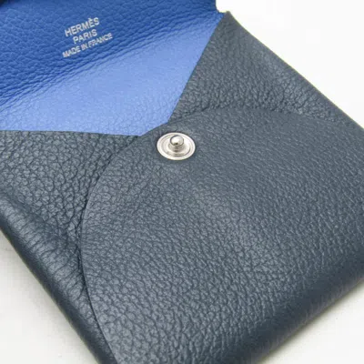 Pre-owned Hermes Bastia Blue Dark Gray Leather Coin Purse/coin Case ()