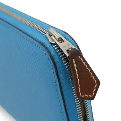 Pre-owned Hermes Blue Epsom Leather Silk Long Wallet (bi-fold) ()