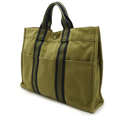 Pre-owned Hermes Green Khaki Navy Canvas Handbag Tote Bag ()