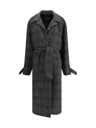 Balenciaga One Layer Checked Belted Coat In Gray