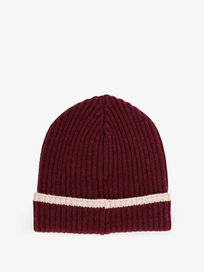 Brunello Cucinelli Cashmere Hat Monili Detail Fold Ribbed Knit In Burgundy