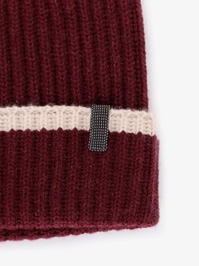 Brunello Cucinelli Cashmere Hat Monili Detail Fold Ribbed Knit In Burgundy