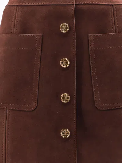 Celine Women Suede Skirt With Triomphe Buttons In Brown