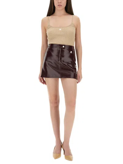 Courrèges Fitted Burgundy Mini Skirt With Shiny Finish In Brown