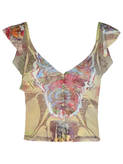 Diesel Ruffle-shoulder Knit Top With Medieval Print